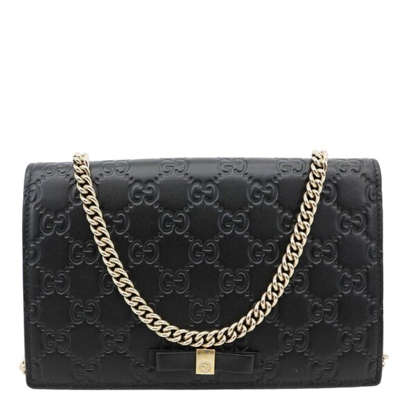Gucci  Signature Bowy Emblem Mini GG Leather Wallet On Chain Black 431408 - Picture 1 of 13